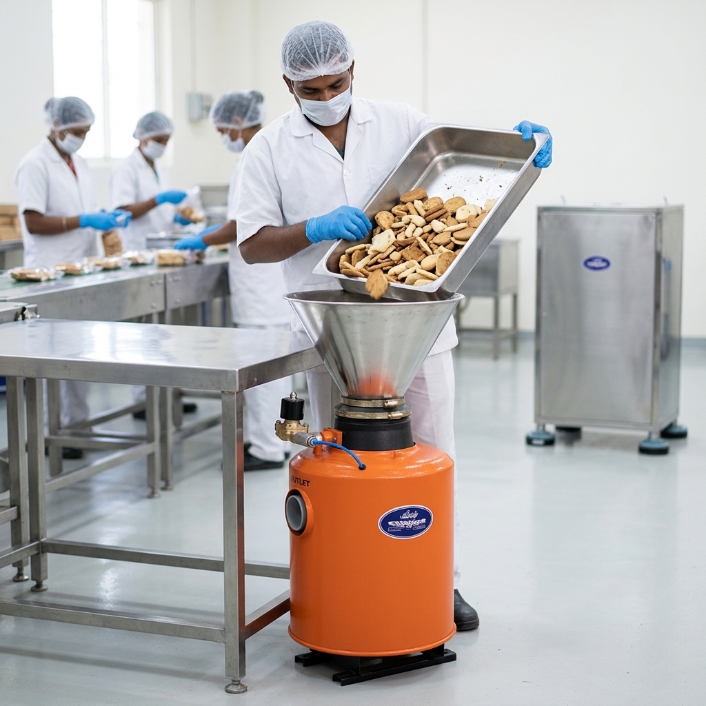 Food production worker feeding rejected biscuits into a Sharp Crusher commercial crusher